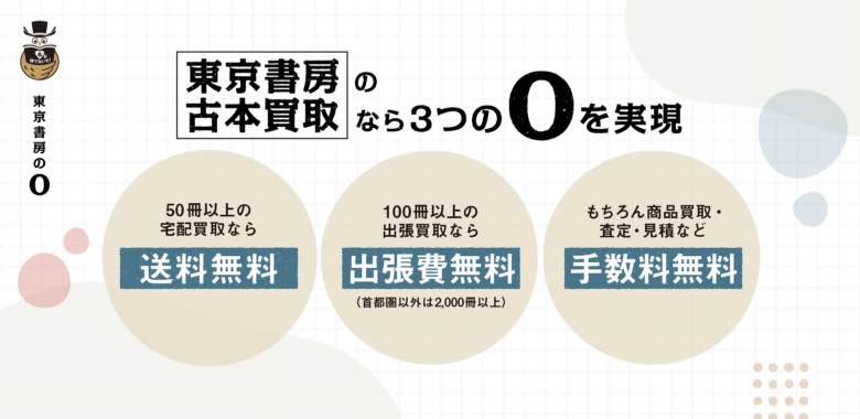 [東京書房の0]東京書房の古本買取なら、送料無料、出張費無料、手数料無料の3つの0を実現